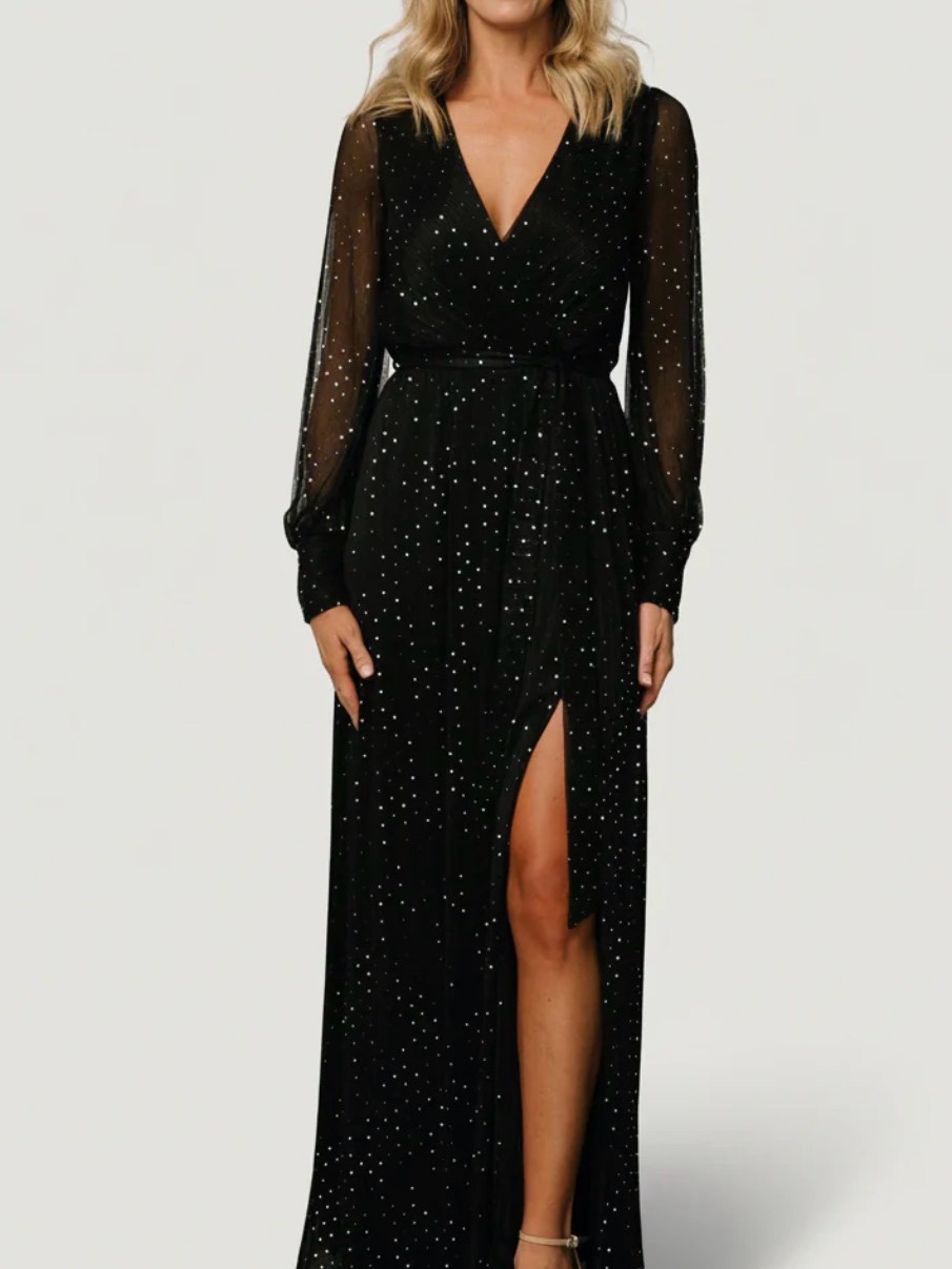 Baltic Born Abigail Sparkle Gown - Black Maxi Wrap Dress With Silver Dot Accents